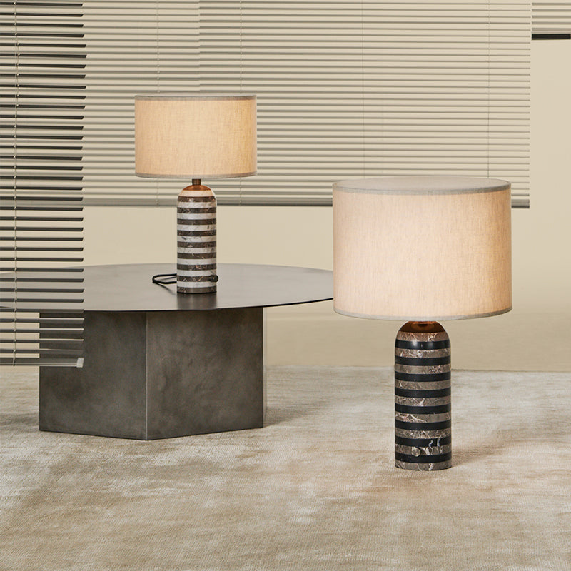 GUBI Gravity Upcycled Table Lamp Small - Grey & White Marble Stripes with Canvas Shade - Twenty Five Percent Discount