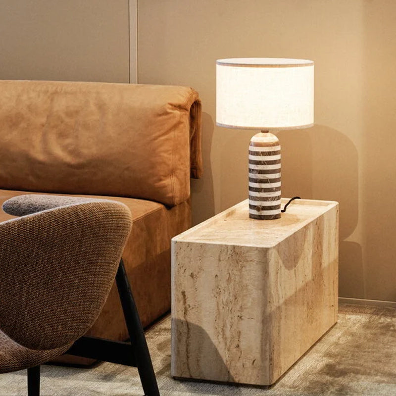 GUBI Gravity Upcycled Table Lamp Small - Grey & White Marble Stripes with Canvas Shade - Twenty Five Percent Discount