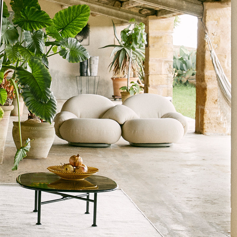 GUBI Pacha 2 Seater Sofa - OUTDOOR - Limonta Lorkey Cream Fabric, Moss Grey Base - CLEARANCE Thirty Percent Discount