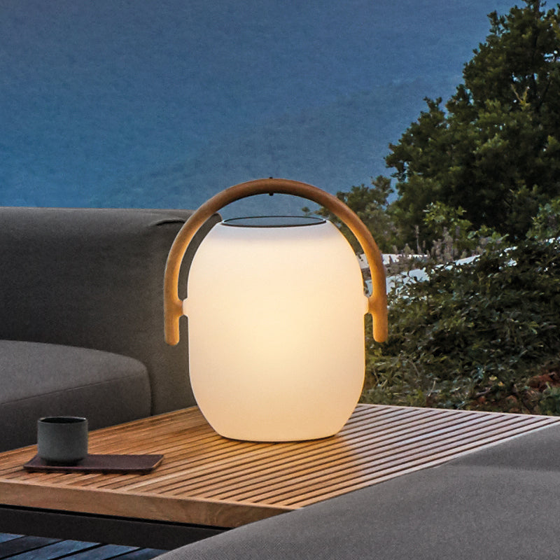 GLOSTER Ambient Cocoon Outdoor Lantern - White w/Teak Handle  - CLEARANCE Fifty Percent Discount