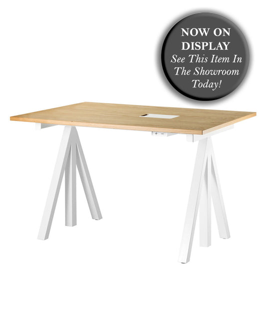 STRING/works Height Adjustable Desk - White Frame, Oak Top 120x78cm - CLEARANCE Fifteen Percent Discount